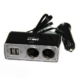 Разветвитель прикуривателя (2 выхода + 2USB) C-02 со шнуром, железный корпус